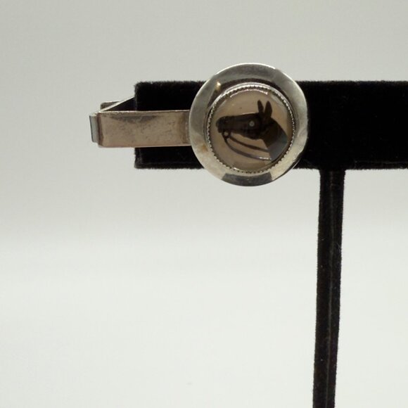 Vtg Silver Tone Horse Head Intaglio Tie Bar Clasp Clip Reverse Painted Glass - Picture 9 of 9